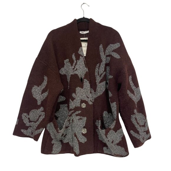 Zara Women Sweater Cardigan Coat L XL Wine Metallic Thread Jacquard 2756/128 NWT - Picture 1 of 15